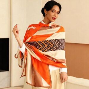 Silk Scarf For Women Hair Scarves Lightweight: Orange White Horse